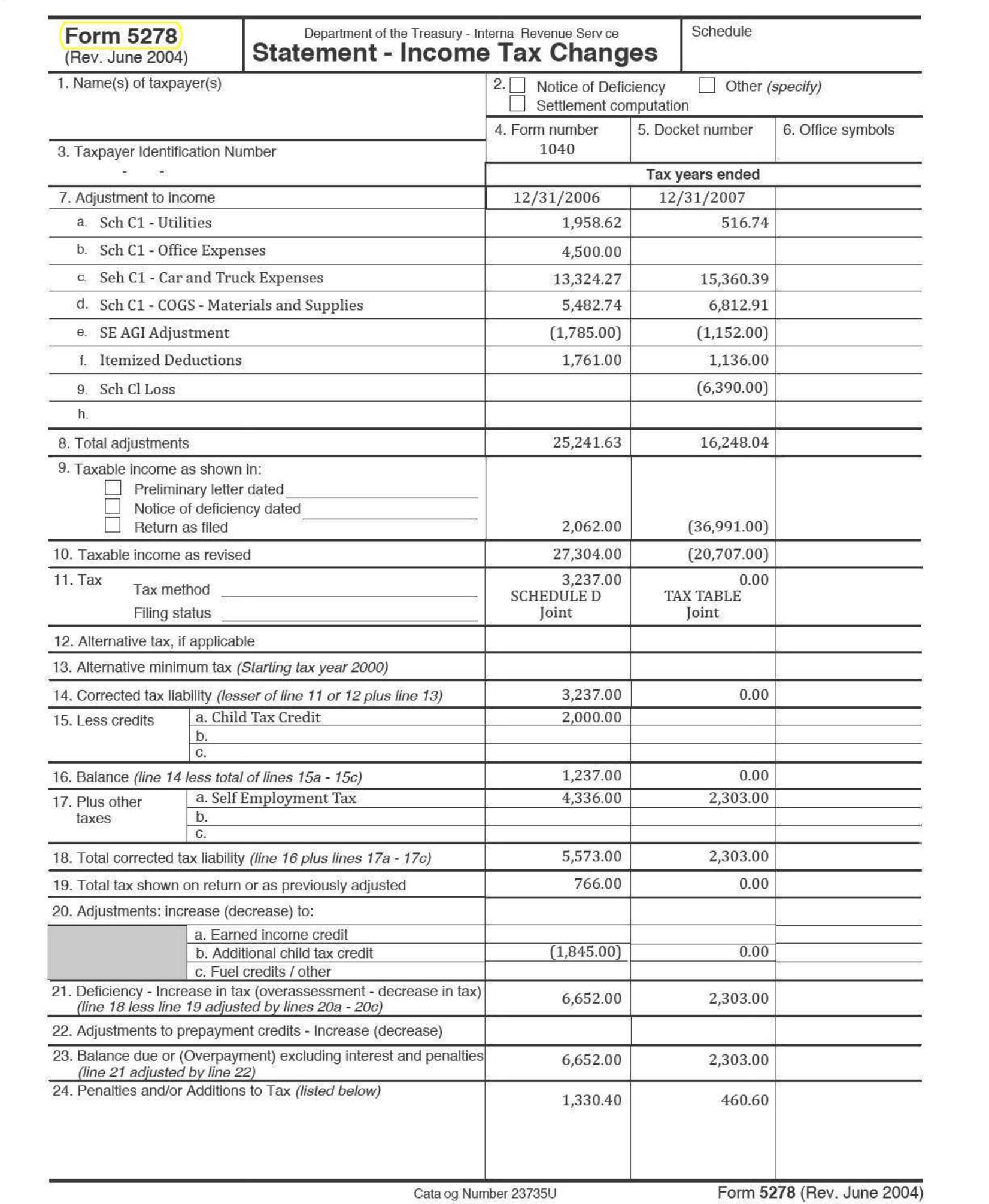 Form 5278 - IRS Statement of Income Tax Changes