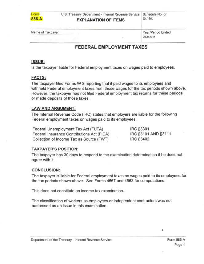 IRS Form 886A used in this example for an explanation of adjusted items in an IRS audit.