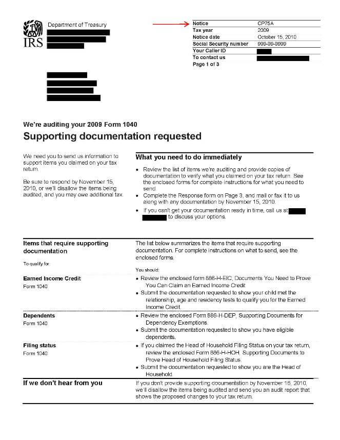 IRS Notice CP75A concerning an audit