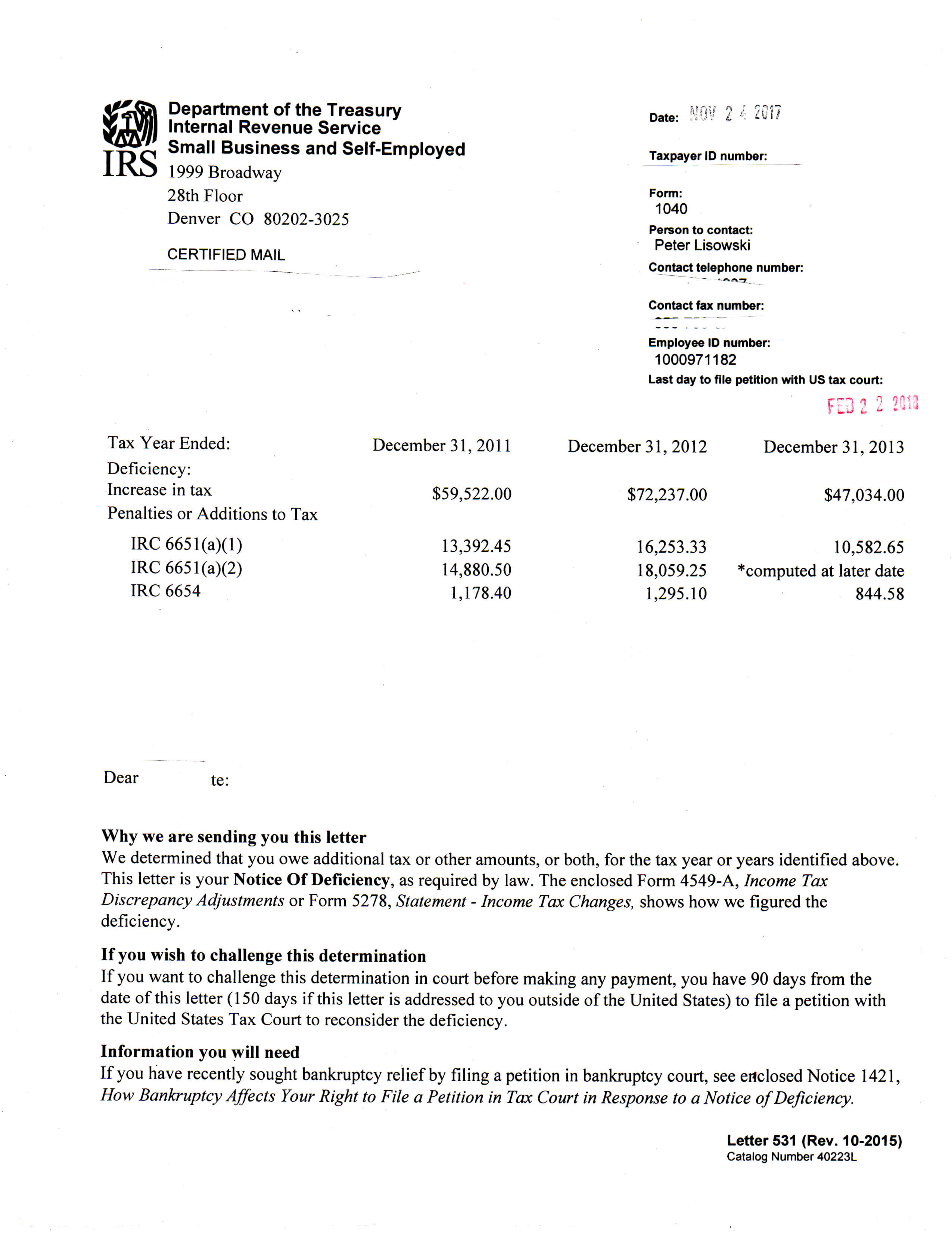 Audit Letter 531-T – Notice of Deficiency