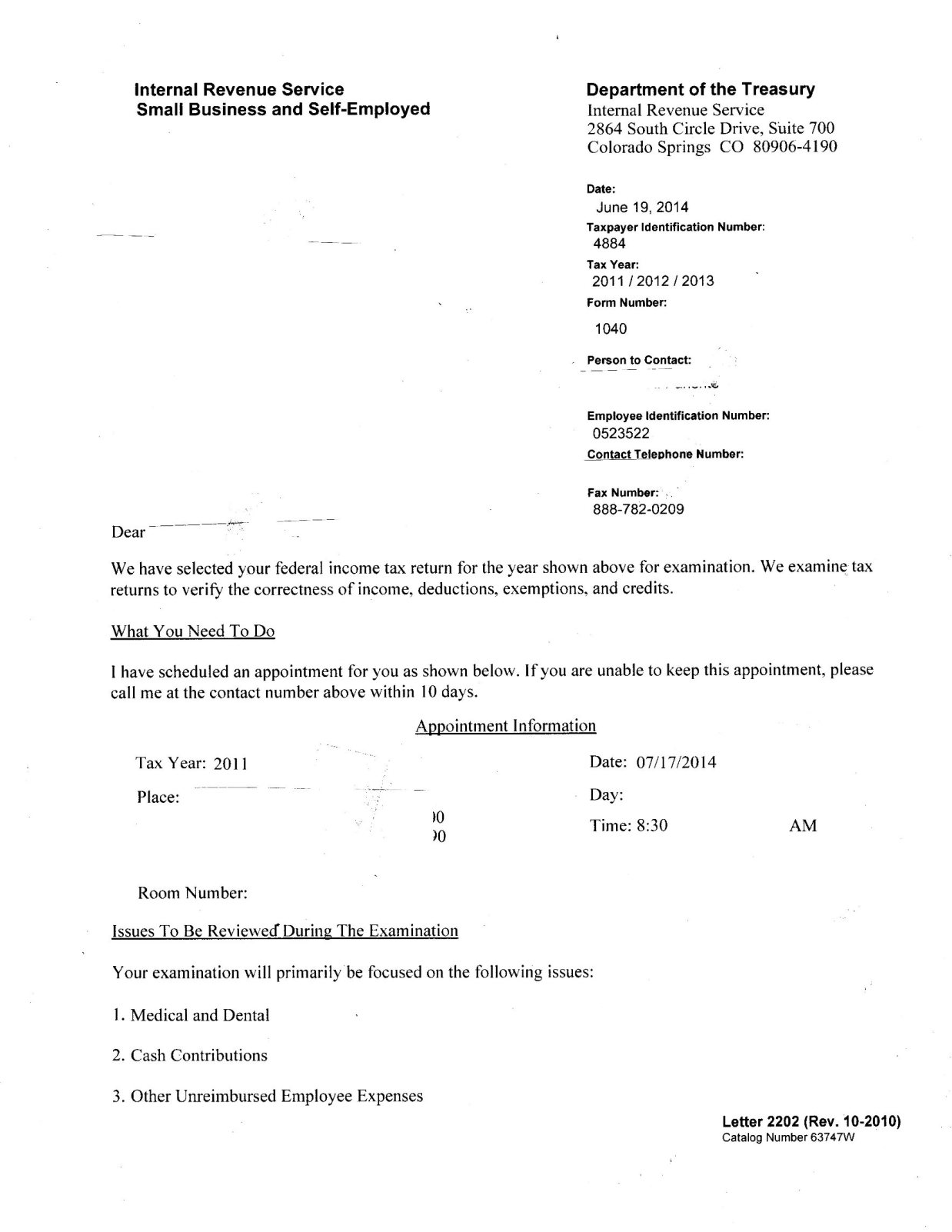 Example of IRS Audit Letter 2202, explained by Tax Attorney J. David Hopkins in Colorado Springs, Colorado!