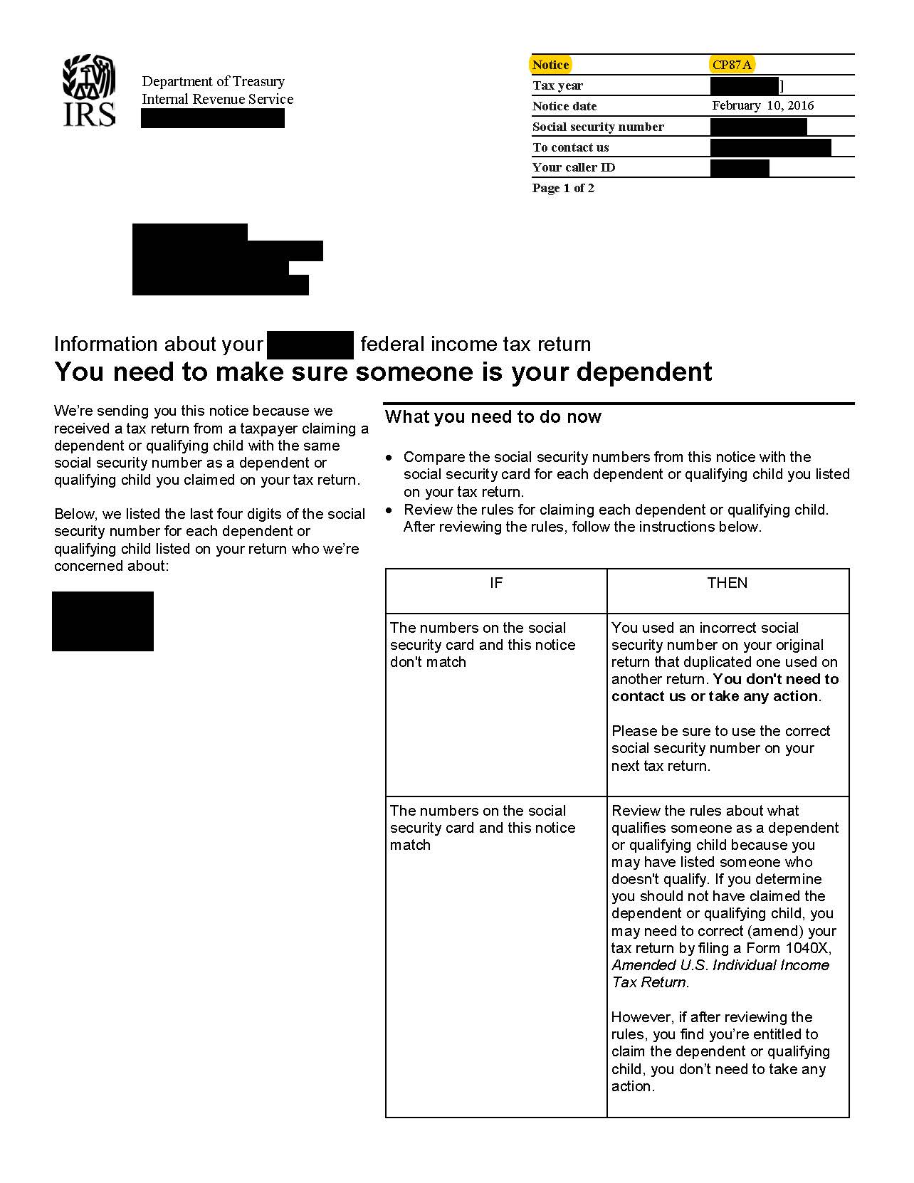 IRS Notice CP87A questions your ability to claim a dependency exemption